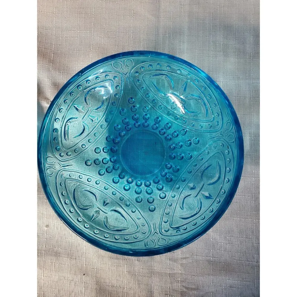 Vintage Teal Blue Glass Lidded Candy Dish Trinket Box Ornate Pressed Hobnail